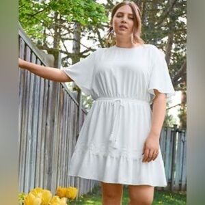Addition Elle White Short Sleeve Dress with Ruffle Hem